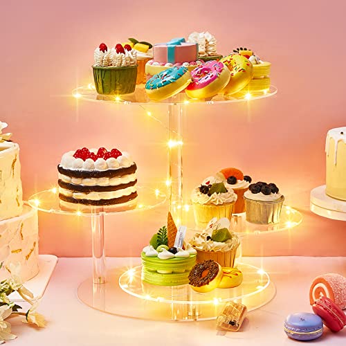 2 Pcs 4 Tier Acrylic Cupcake Tower Stand Clear Round Cake Stand with 2 Pcs LED String Light Cupcake Holder Dessert Pastry Display Stand for Wedding Baby Showers Graduation Birthday Tea Party Table