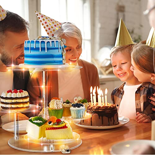 2 Pcs 4 Tier Acrylic Cupcake Tower Stand Clear Round Cake Stand with 2 Pcs LED String Light Cupcake Holder Dessert Pastry Display Stand for Wedding Baby Showers Graduation Birthday Tea Party Table