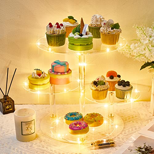 2 Pcs 4 Tier Acrylic Cupcake Tower Stand Clear Round Cake Stand with 2 Pcs LED String Light Cupcake Holder Dessert Pastry Display Stand for Wedding Baby Showers Graduation Birthday Tea Party Table