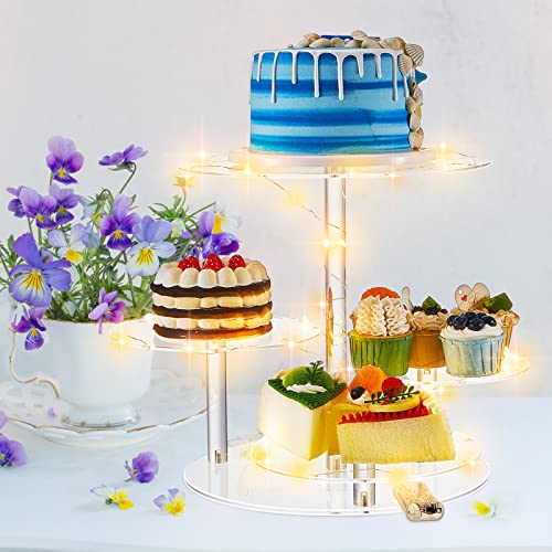 2 Pcs 4 Tier Acrylic Cupcake Tower Stand Clear Round Cake Stand with 2 Pcs LED String Light Cupcake Holder Dessert Pastry Display Stand for Wedding Baby Showers Graduation Birthday Tea Party Table