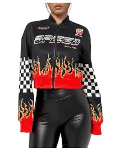 Women's Black Racing Bomber Jacket - Floerns
