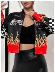 Women's Black Racing Bomber Jacket - Floerns