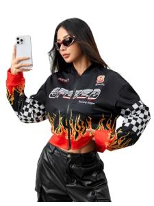 Women's Black Racing Bomber Jacket - Floerns