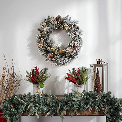 Festive 24" Berry Flocked Christmas Wreath with LED Lights