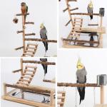 Wooden Cockatiel Bird Play Stand with Tray & Cups