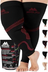 Mojo Compression Full Leg Sleeve for Men and Women 20-30mmHg - Footless Thigh High Compression Socks for Diabetic, Varicose Veins Circulation, Swelling - Black/Red, Medium - A609