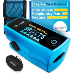 iProven Blood Oxygen Monitor Fingertip, Oximeter Measures Pulse Rate, Respiratory Rate, Oxygen Saturation (SpO2), and Perfusion Index, including Batteries and a Lanyard.