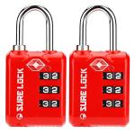 SURE LOCK TSA Approved 3 Digit Luggage Locks with Zinc Alloy Body and Hardened Steel Shackle to Lock Travel Suitcase (RED 2 Pack)