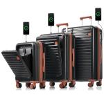Merax Luggage Set of 3, 20, 24, 28inch with USB Port, 20, 24inch with front opening design Airline Certified Carry on Luggage, ABS Hard Shell Luggage with Spinner Wheels, ABS+black and brown