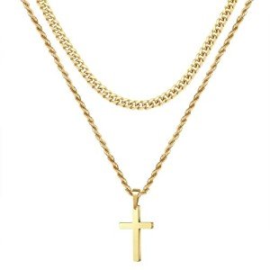 Ursteel Mens Gold Cross Necklace - Gold Cross Chain Necklace for Men Layered Rope Chain Pendant Jewelry 18 20 Inch