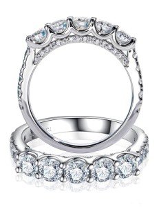 CannyCat 5 Stone Half Eternity Ring - 4.0 mm Moissanite Wedding Band for Women - VVS D Color Moissanite - Platinum-Plated Silver Stacking Rings (6)