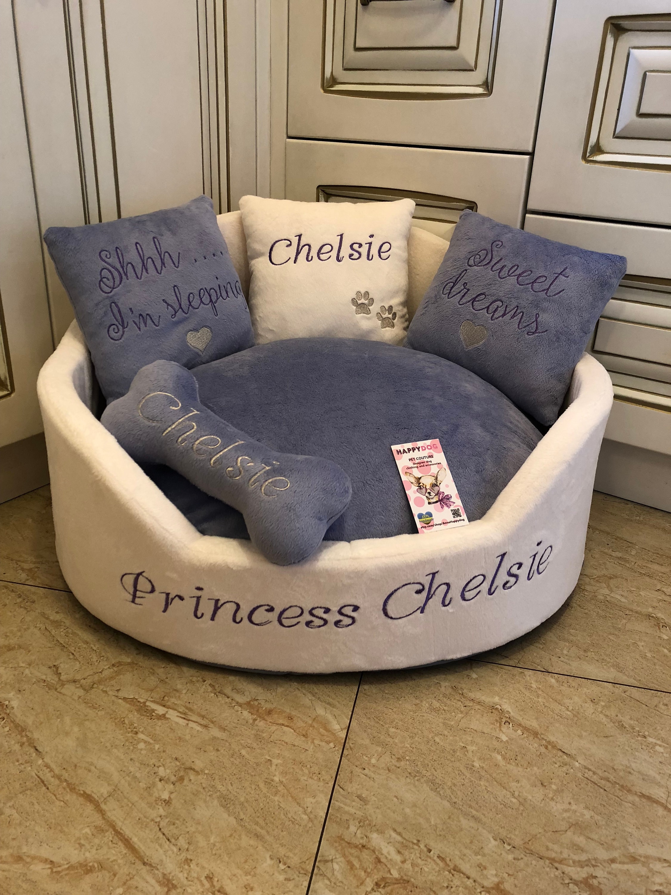 Custom Cream & Lavender Luxury Dog Bed