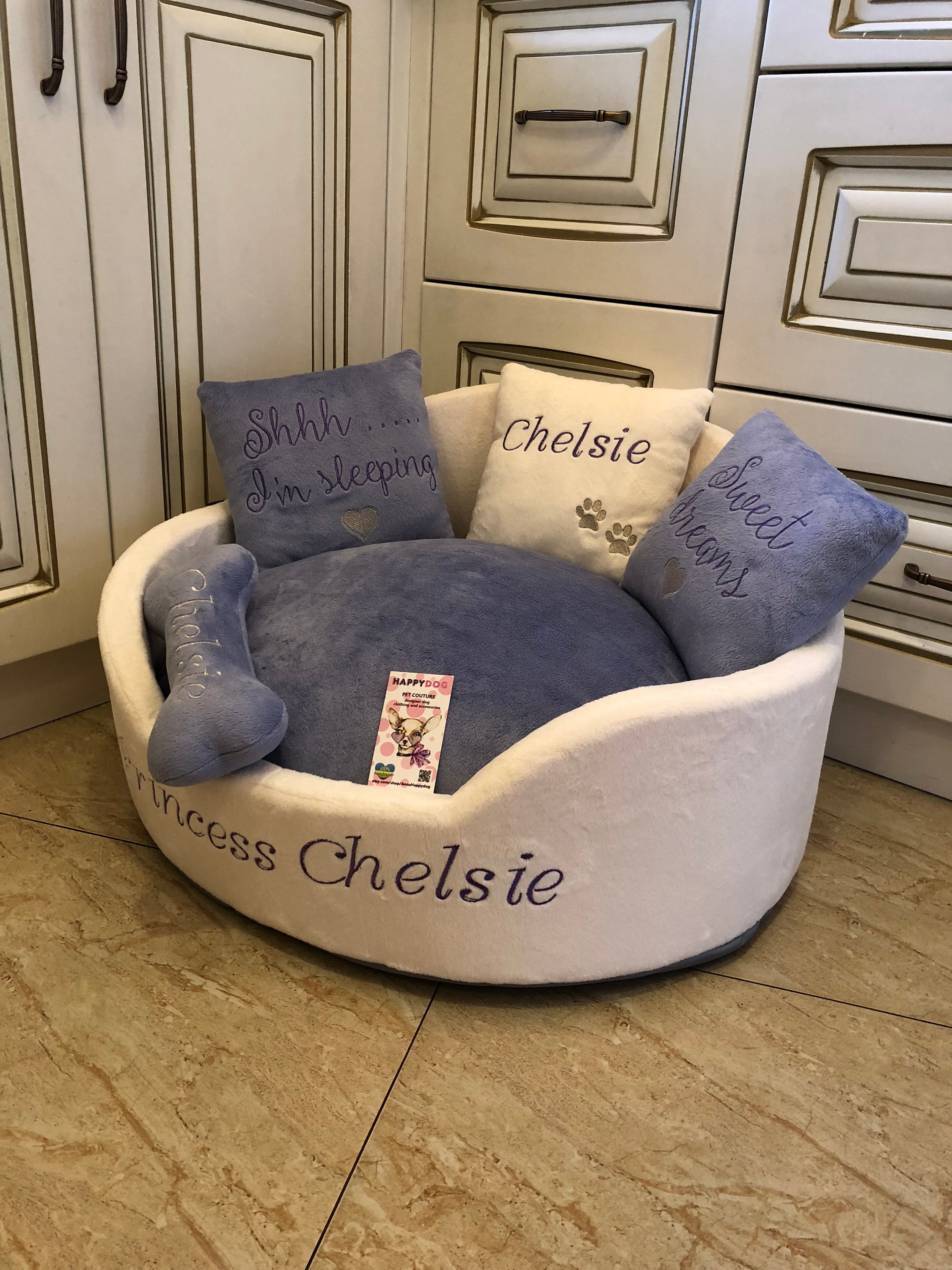 Custom Cream & Lavender Luxury Dog Bed