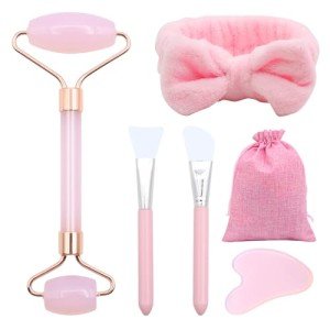 VEGCOO Rose Quartz Roller & Gua Sha Set