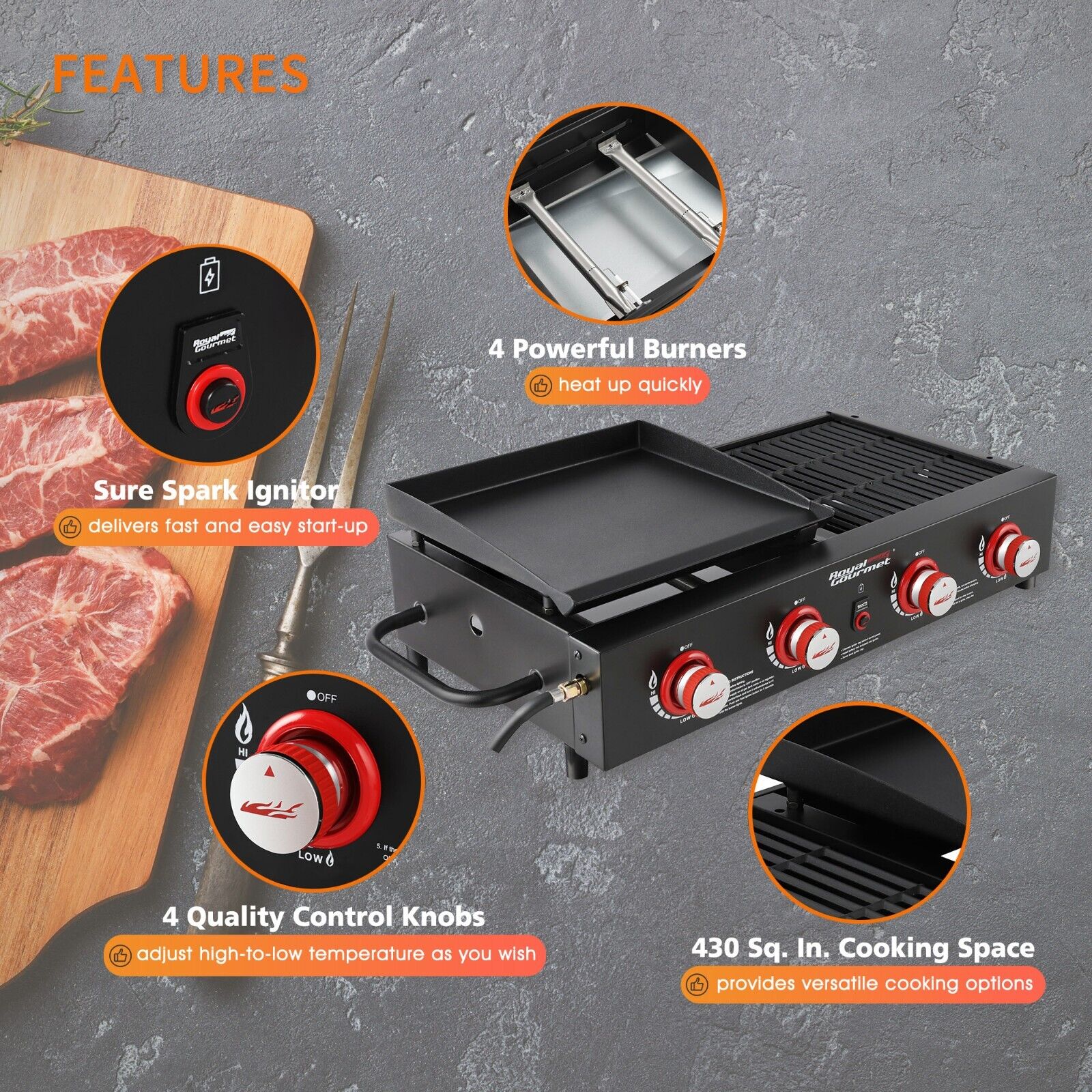 Royal Gourmet GD4002T Portable 4-Burner Grill Combo