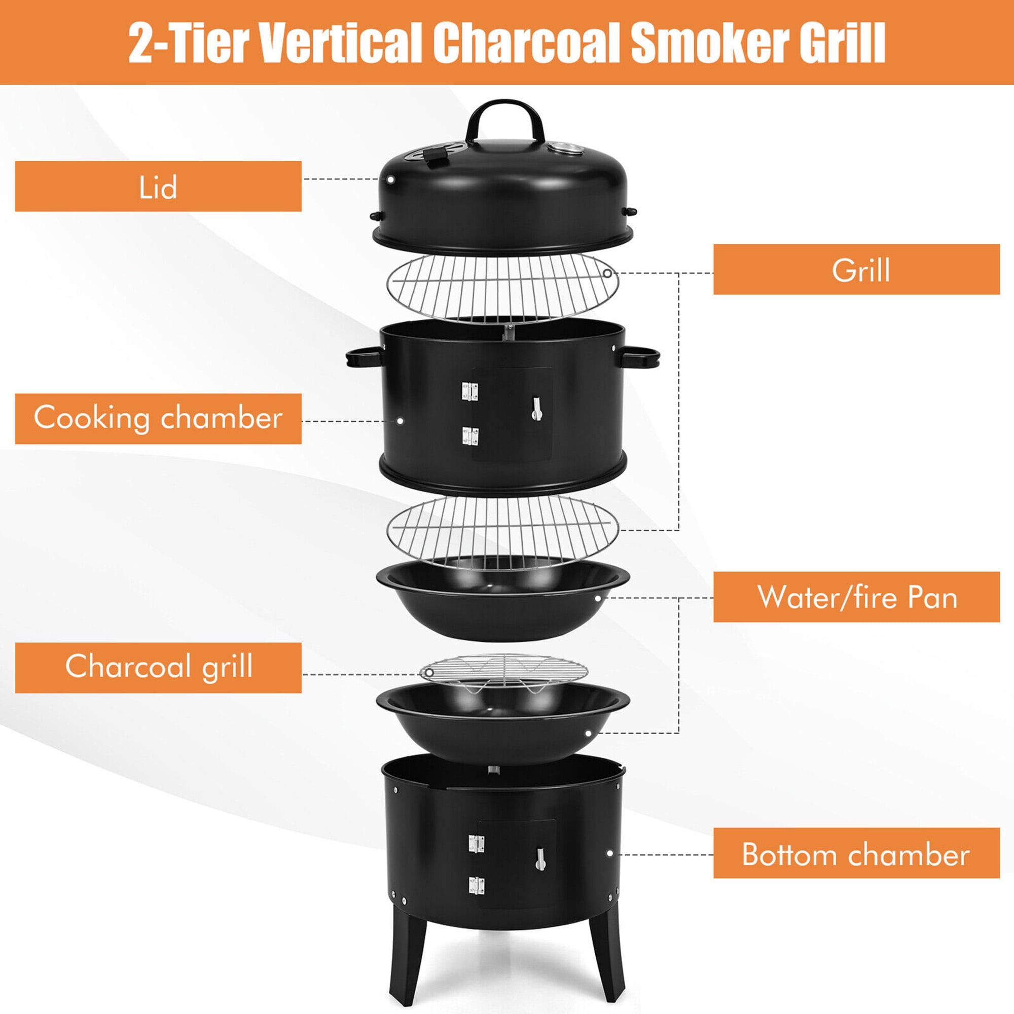 Vertical Charcoal BBQ Smoker Grill with Thermometer - Gymax