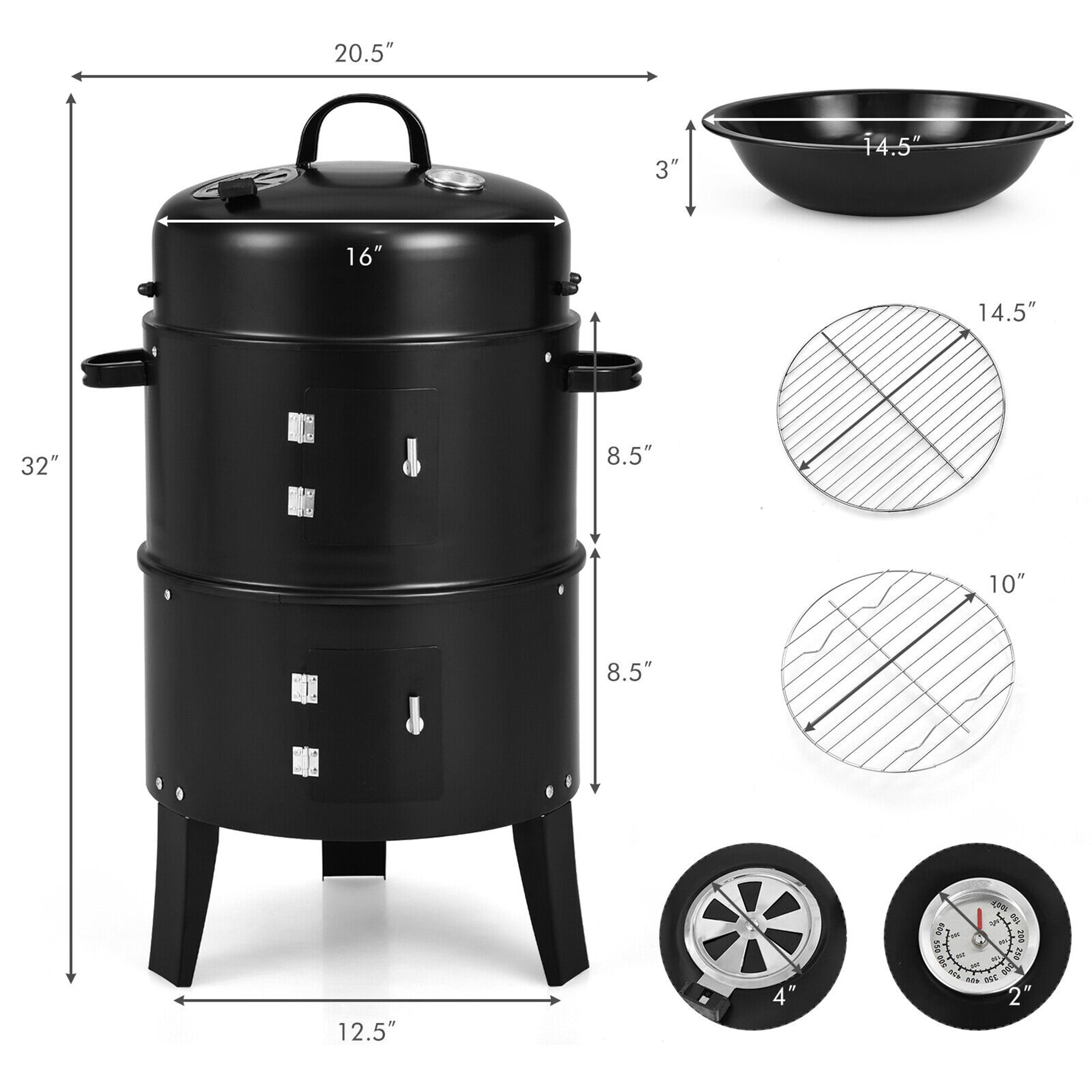 Vertical Charcoal BBQ Smoker Grill with Thermometer - Gymax