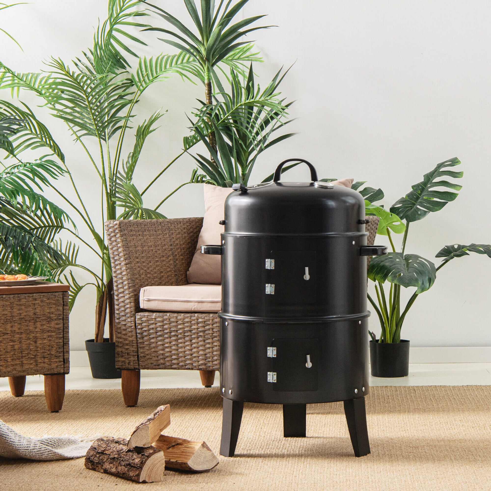 Vertical Charcoal BBQ Smoker Grill with Thermometer - Gymax