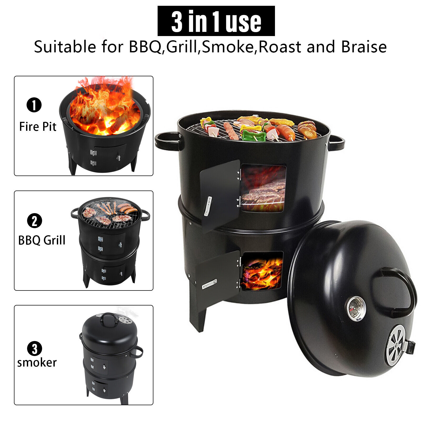 Large 3-in-1 Vertical BBQ Charcoal Smoker Cooker