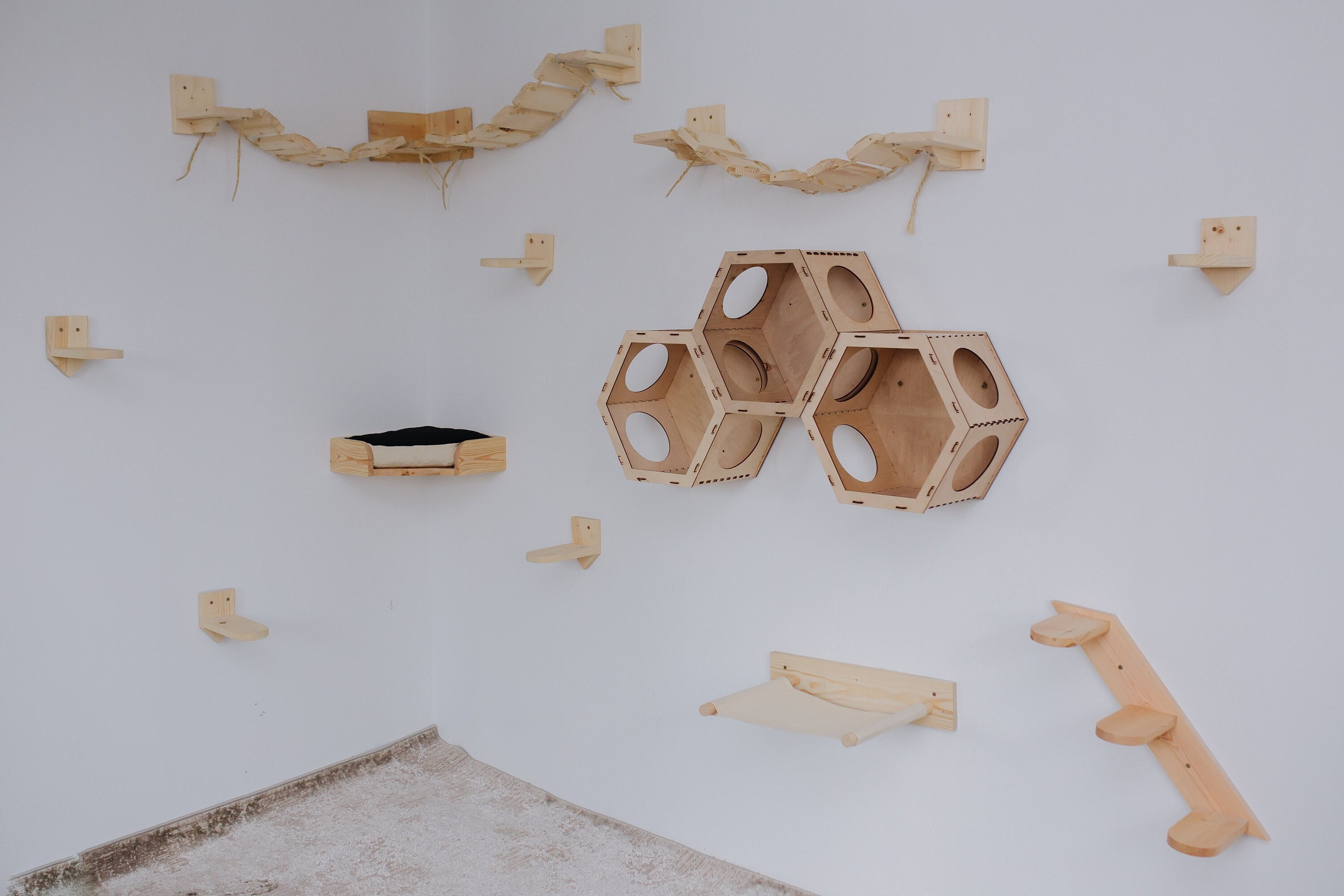 Hexagon Cat Wall Shelves and Playground Set