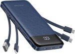 Slim 10000mAh Portable Charger with Built-In Cables