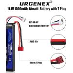 URGENEX Airsoft Battery 11.1V 1500mAh 35C High Discharge Rate Lipo Pack with Deans T Plug Rechargeable 3S Lipo for Airsoft Model Guns