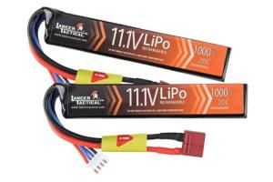 Lancer Tactical LiPo Airsoft High-Performance Battery 11.1V 1000mAh 20C Stick - Dean/Tamiya Connector, Two Pack (Dean)