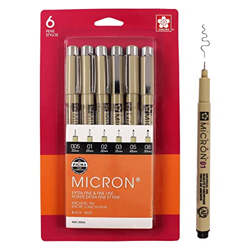 SAKURA Pigma Micron Fineliner Pens - Archival Black Ink Pens - Pens for Writing, Drawing, or Journaling - Assorted Point Sizes - 6 Pack
