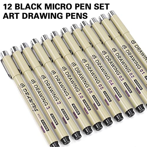 Black Micro Fineliner Drawing Pens: 12 Piece Set