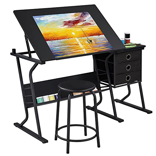 Yaheetech Adjustable Drafting Table with Stool and Drawers
