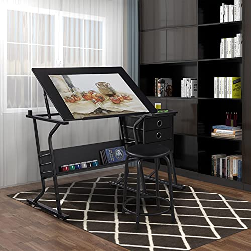 Yaheetech Adjustable Drafting Table with Stool and Drawers