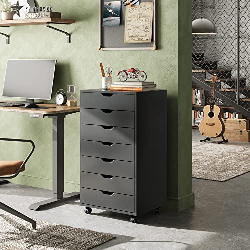 Black Wood Chest with Wheels and Drawers