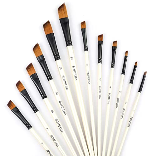 GETHPEN Angular Paint Brushes Nylon Hair Angled Watercolor Pait Brush Set for Acrylics Watercolors Gouache Inks Oil and Tempera(12pcs Pearl White Angled Paintbrush Set)
