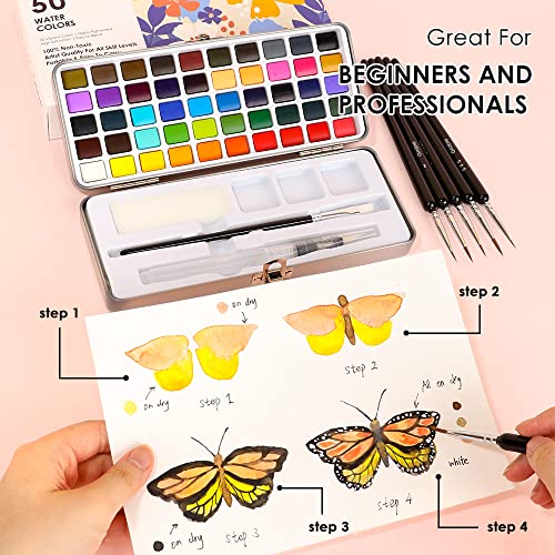 Watercolor Paint Set: 50 Colors with Detail Brush