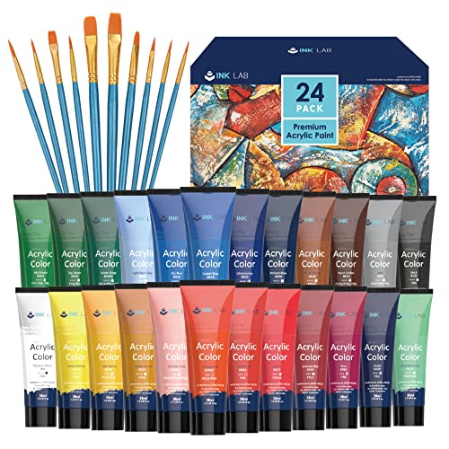 24 Color Acrylic Paint Set with 10 Art Brushes