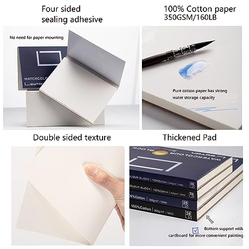 Premium Watercolor Paper Block - 100% Cotton, 160lb, 20 Sheets