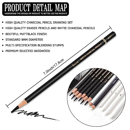 Charcoal Drawing Set - 12pc Artist Pencils Bundle
