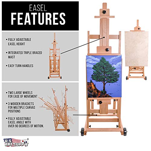 Large Adjustable Wooden Studio Floor Easel - Beechwood Holder Stand