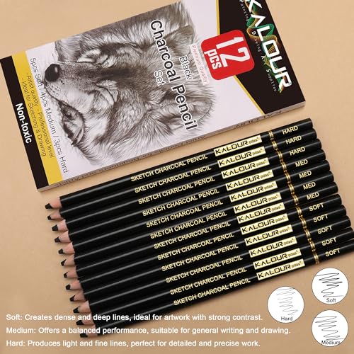 KALOUR Charcoal Pencils Set - 12 Pieces for Artists