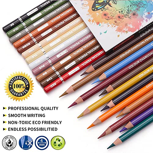 24 Color Colored Charcoal Pencils Set for Sketching