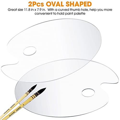 Acrylic Paint Palette 2pcs 11.8 x 7.9 inches with Thumb Hole by DUGATO, Clear Oval-Shaped Non-Stick Acrylic Oil Paint Mixing Tray- Comfortable to Hold & Easy to Clean - for DIY Art Painting Plate