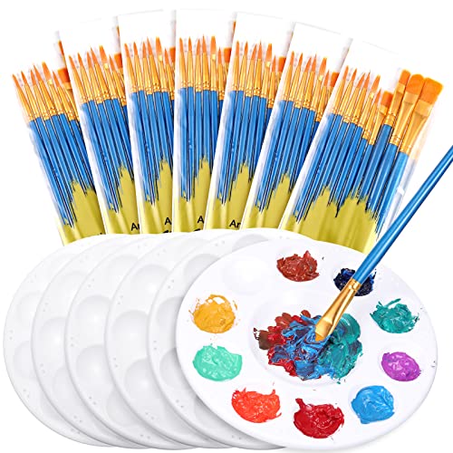 Paint Brush Palette Set, 18 Packs of 180 Pcs Brushes and 18 Pcs Round Paint Tray Palettes Paint Pallets for Adults Art Paintbrush Sets for Kids Nylon Hair Paint Brushes Acrylic Oil Watercolor Painting