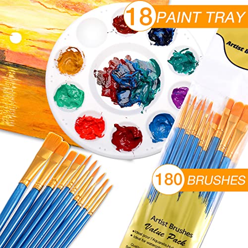 Paint Brush Palette Set, 18 Packs of 180 Pcs Brushes and 18 Pcs Round Paint Tray Palettes Paint Pallets for Adults Art Paintbrush Sets for Kids Nylon Hair Paint Brushes Acrylic Oil Watercolor Painting