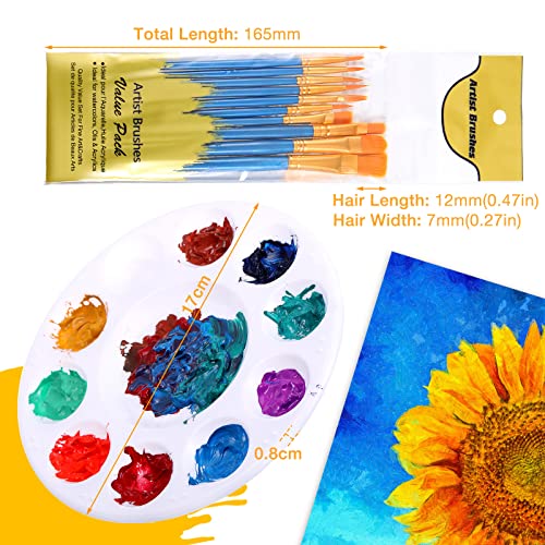 Paint Brush Palette Set, 18 Packs of 180 Pcs Brushes and 18 Pcs Round Paint Tray Palettes Paint Pallets for Adults Art Paintbrush Sets for Kids Nylon Hair Paint Brushes Acrylic Oil Watercolor Painting