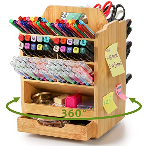 Bamboo Pen Organizer: 360°Rotating Art Supply Caddy