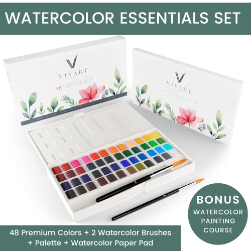 48 Premium Watercolor Paint Set with Brushes and Palette