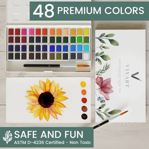 48 Premium Watercolor Paint Set with Brushes and Palette