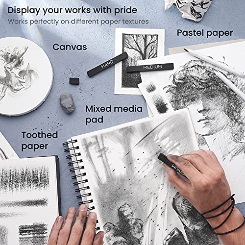 ARTEZA Compressed Charcoal Sticks, Set of 16, Medium and Hard Grade Sketching Crayons, Art Supplies for Drawing and Shading