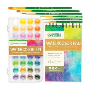 Watercolor Paint Set - 36 Premium Colors - 12 Page Pad - 6 Brushes