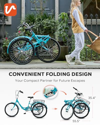 Foldable Adult Tricycle, 7 Speed Aqua 26